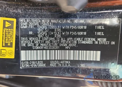 2014 Toyota Highlander Xle z USA, uszkodzony, nr VIN 5TDKKRFH6ES028281